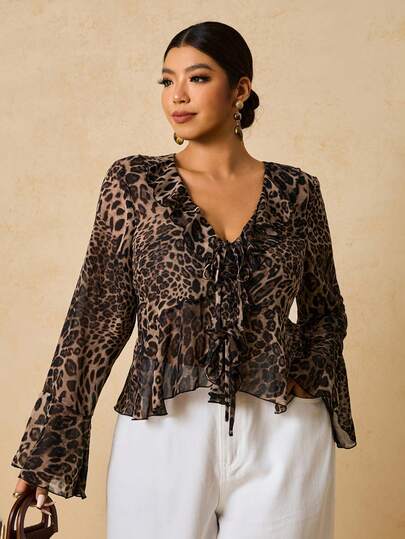 Travachic Plusstorlek kvinnor leopardtryck chiffong långärmad blus, v-ringad volang romantisk elegant topp