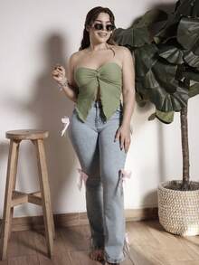 Lupita Cardoza 女士度假黄色针织纹理扭纹前开衩下摆短款上衣，适合下午茶、街头、度假、秋冬分层或派对穿着 - 綠色 - 查看 5