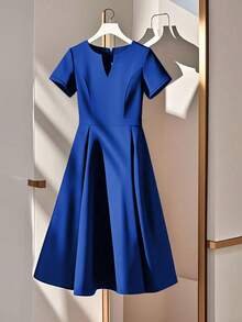 GlowEve CURVE Plus Size Women Elegant Solid Color Notched Neck Short Sleeve Dress - Royal Blue - View 1