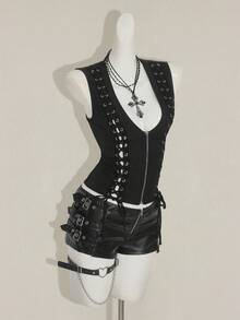 SHEIN X YERIMUA SHEIN ICON Y2k Women's Black Goth Sexy Solid Color Keyhole Tie-Up Zipper Front Fitted Tank Top - Black - View 7