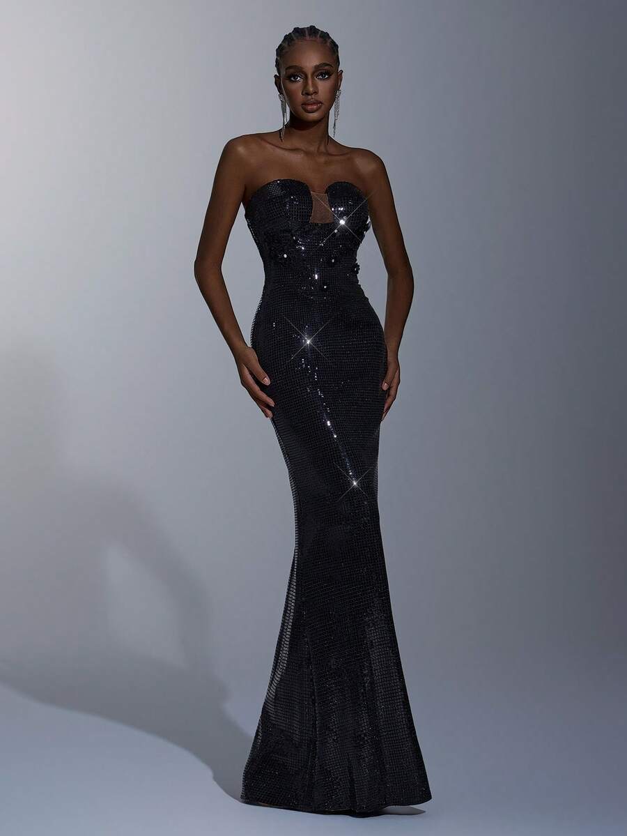 Elitara 优雅奢华性感仿皮草露肩不对称胸罩，饰以3D立体花朵水钻，收腰喇叭裙摆，适合宴会、晚宴、展览、商务活动等场合的女士晚礼服