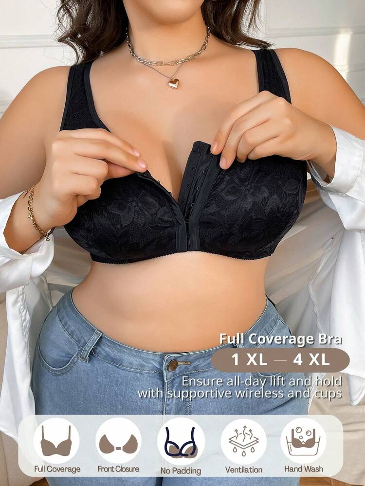 1個 プラスサイズ フロントクロージャー 快適ワイヤレスブラ - ブラック - 見る 1