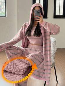 DAZY 3pcs Knitted Robe, Tank Top And Pants Pajama Set, Striped Pattern, Women Pajamas Set For Autumn/Winter Clothes - Pink - View 1