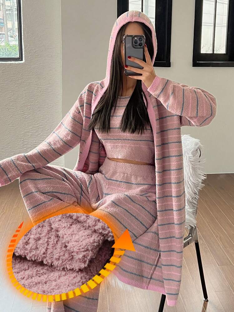 3pcs Knitted Robe, Tank Top And Pants Pajama Set, Striped Pattern, Women Pajamas Set For Autumn/Winter Clothes