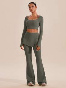 VARSIVA Moisture-Wicking Quick-Drying Skin-Friendly Women Sports Pants Yoga Dress Pants Fold Over Flared Leggings - Army Green - View 5