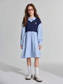 Ontre Tween Girl Blue Embroidered Pattern Collared Patchwork Casual Dress - Blue - View 1