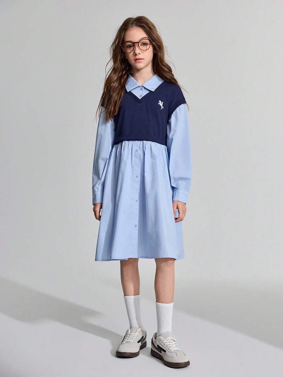 Ontre Tween Girl Blue Embroidered Pattern Collared Patchwork Casual Dress - Blue - View 1