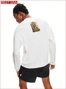 SHEIN Rest Era Men White Crew Neck Long Sleeve Casual Top, With Retro Style Graphic Print On The Back, Minimalist Design With Artistic Touch, Suitable For Everyday Casual Wear, Winter