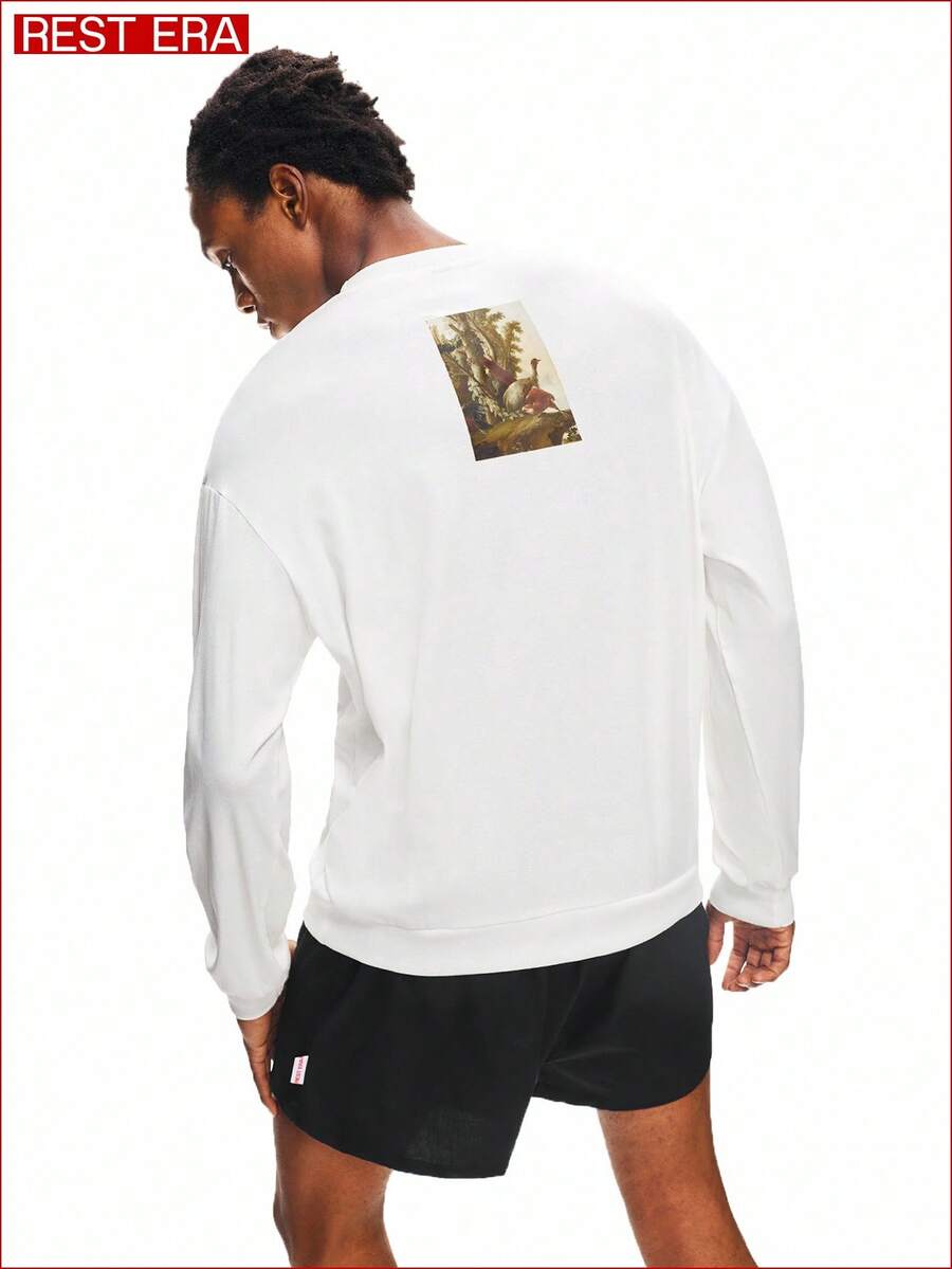 SHEIN Rest Era Men White Crew Neck Long Sleeve Casual Top, With Retro Style Graphic Print On The Back, Minimalist Design With Artistic Touch, Suitable For Everyday Casual Wear, Winter