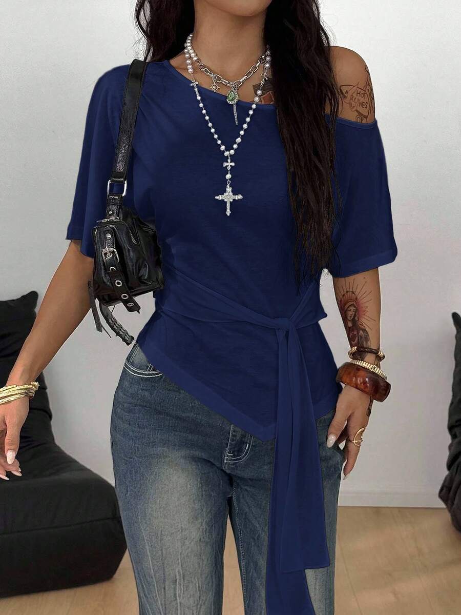 Coolane Women's Winter Y2K Streetwear Casual Solid Color Minimalist Oblique Shoulder T-Shirt, Everyday Wear - Navy Blue - View 1