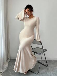 Elenzga Đầm dài tay loe thời trang thường ngày cỡ lớn dành cho nữ - Màu be - Xem 5