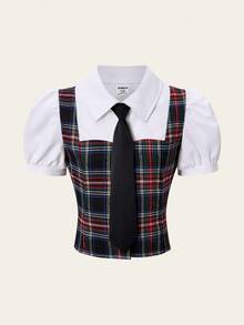 SHEIN Explorewe 青少年女孩休闲格子拼布泡泡袖衬衫，夏季