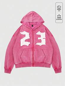 ROMWE Street Life Plus Size Women's Casual Fashion Street Sweatshirt With Number Embroidery Patch, Zip-Up, Spring/Autumn - Hot Pink - View 1