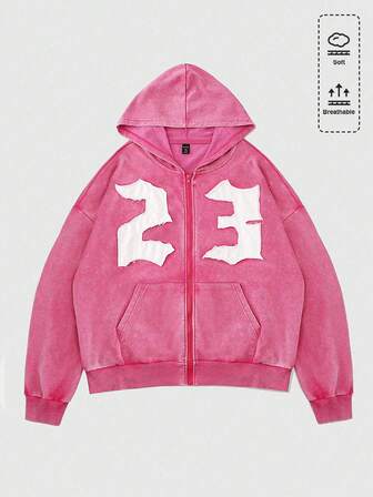 Street Life Sudadera casual con cremallera y parche bordado con número para mujer de talla grande, para primavera/otoño