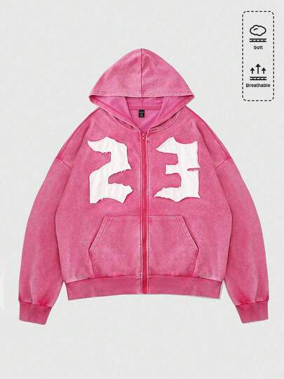 Street Life Plus Size Women's Casual Fashion Street Hoodie With Number Embroidery Patch, Zip-Up, Spring/Autumn