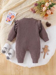 SHEIN Baby Girl Butterfly Decor Patchwork Ruffle Trim Long Sleeve Single-Breasted Knitted Jumpsuit, Suitable For Various Occasions Fall Winter - Coffee Brown - View 2