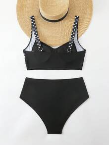 Swim Lushoire Women's Casual Vacation Beach Black & White Polka Dot Textured Fabric BikinTwo Piecesce Swimsuit Modest 2 Piece Swimsuit High Waist Swimsuit Set Modest Bikini Set High Waist Bikini Set Polka Dot Bathing Suit - Black and White - View 9