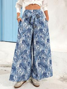 Vivid Eden 女士休闲宽松长裤，腰部系带，带口袋，饰以腰果花卉印花，波西米亚风，适合女士、海滩度假等场合，夏季外出休闲皆宜。 - 藍色 - 查看 6