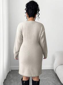 Elenzga Plus Size Women Elegant Floral Print Crew Neck Sweater Dress, Autumn/Winter - Khaki - View 2