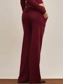 MUSERA 低腰翻折腰带阔腿裤，优雅冬季工作装，可爱晚装。 - 紅色 - 查看 4