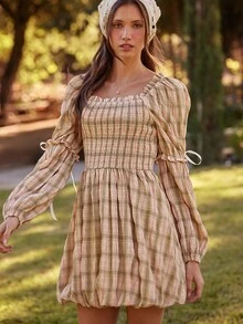 WESTFADE Smocked Square Neck Long Puff Sleeve Ruffle Trim Plaid Bubble Hem Mini Dress Fall, Autumn, Winter, Boho, Casual, Cute, Western Wear, Country Outfit - Brown - View 3
