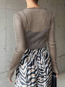 FRIFUL 女士时尚通勤亮面网纱透视长袖上衣 女士外出上衣 - 灰色 - 查看 3