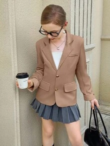 青少年女孩时尚百搭纯色夹克 - 駝色 - 查看 5