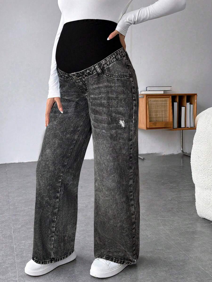 SHEIN 孕妇休闲宽松直筒牛仔裤，腰带拼接 - 黑色 - 查看 1