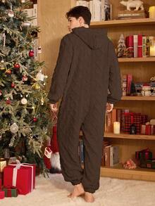 SHEIN Solid Color Zipper Plush Jacquard Hooded Men's Fluffy Cozy Winter Jumpsuit Loungewear - Coffee Brown - View 2