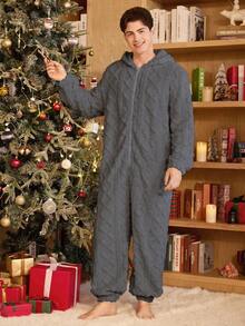 CoupledUp Solid Color Zipper Plush Jacquard Hooded Men's Fluffy Cozy Winter Jumpsuit Loungewear - Dark Grey - View 3