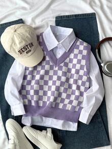 SHEIN Sparklyn Tween Girls' V-Neck Sleeveless Checkered Casual Knit Pullover Sweater - Purple - View 1