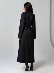 SHEIN TRNDY 1pc Women's Black Trench Coat, Cinched Waist Waist, Double-Breasted, Side Slits, Lapel Collar, Loose Long Sleeve, Casual & Versatile, Autumn/Winter - Black - View 2