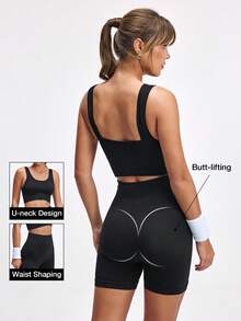 Women's Solid Color Sports Yoga Camisole Bra And Shorts Set - Black - View 1