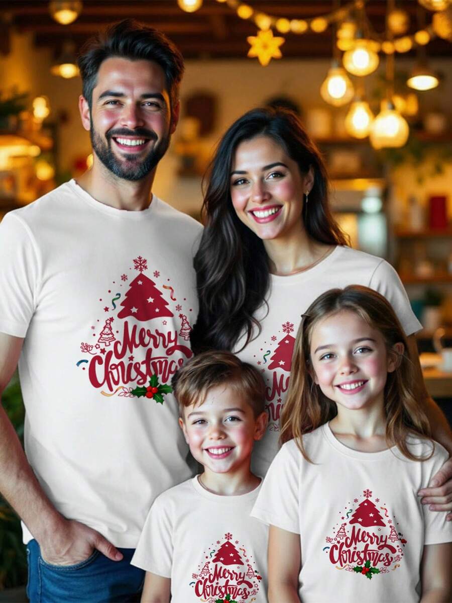 Manfinity Homme Áo thun tay ngắn cổ tròn họa tiết cây thông Noel, mùa hè - trắng - Xem 1