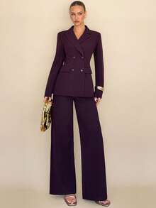 Almamuse Conjunto de blazer y pantalones de oficina de otoño para mujer con doble botonadura, cuello con muesca y cintura ceñida