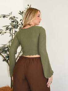 Arliah Atasan Wanita Lettuce Trim Rib-Knit Dasi Depan Plain Casual - Hijau Tentara - View 2