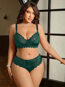 SHEIN Set de 2 sujetadores con aros y encaje para tallas grandes - Verde Oscuro - Ver 3