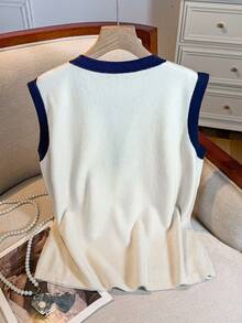 INAWLY Chaleco de punto informal sin mangas con cuello redondo y bloques de color con calado para tallas grandes - Albaricoque - Ver 2