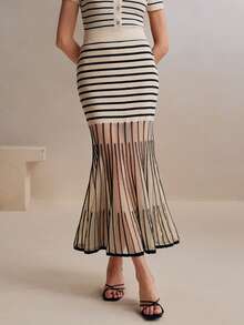 Anewsta 度假优雅现代条纹透明网眼拼接美人鱼下摆紧身裙，适合情人节和夏季的女士派对礼服 - 駝色 - 查看 5