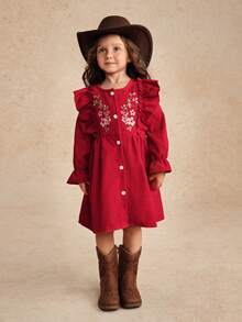 Young Girl Floral Embroidery Ruffle Trim Flounce Sleeve Button Front Cord Dress Dark Green Dress For Young Girl