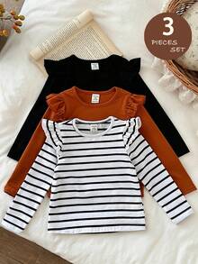 LMoss Kids LMoss 3pcs Baby Girl Solid Color Knit Crew Neck Flutter Sleeve Casual Top,Suitable For Autumn And Winter Wear,Baby Girl Long Sleeve Top, Infant Girl Tops, Toddler Flutter Sleeved Tops,Cozy Fall & Winter Styles - Multicolor - View 2