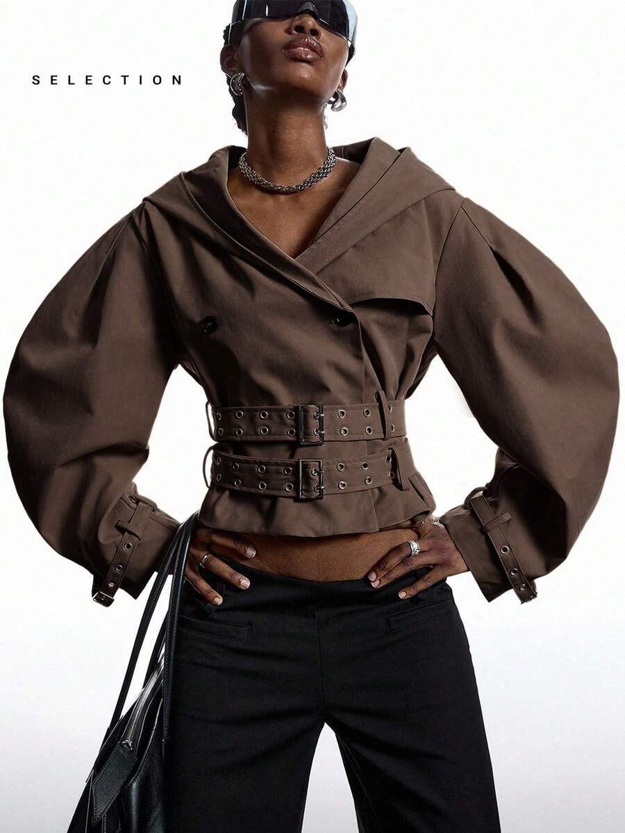 LYSMO 2025新款极简秋季女装咖啡棕色超大设计超大连帽长袖夹克，飞行员夹克，商务休闲，返校，Y2K风格，街头哥特斗篷 - 咖啡棕 - 查看 1