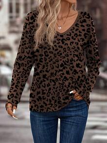 Selamara 休闲V领长袖豹纹T恤，基本款，秋冬 - 彩色 - 查看 4