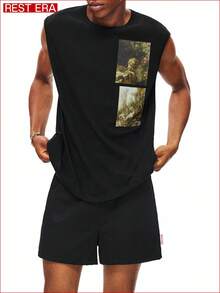 Rest Era Camiseta de tirantes negra para hombre, diseño de patrón clásico, minimalista pero artístico, agrega un encanto personalizado y retro único a tu - Negro - Ver 3