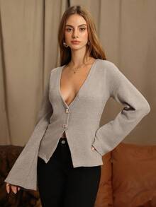 Glamine Charm Cárdigan de mujer de manga larga con cuello en V, diseño de cintura ajustada, estilizador, de moda, versátil, adecuado para ir al trabajo, elegante, otoño/invierno - Gris Claro - Ver 3