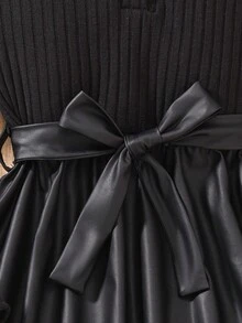 SHEIN Sparklyn Tween Girl 黑色罗纹保暖舒适 Polo 领 T 恤，PU 皮革优雅通勤连衣裙，配腰带 - 黑色 - 查看 3