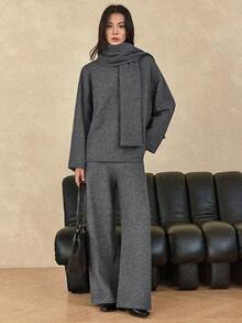 Dazy-Less 女士宽松商务休闲优雅开衫针织上衣和直筒裤两件套，秋冬 - 灰色 - 查看 3