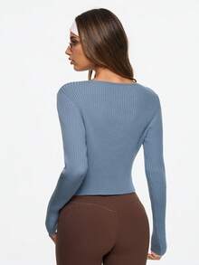 SHEIN Sports Women's Solid Color Crew Neck Long Sleeve Front Tie Knit Cardigan - Blue - View 2