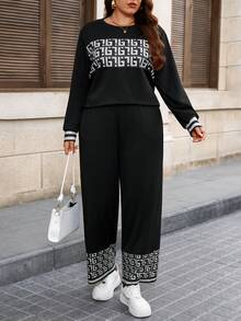 SHEIN 大码女式几何印花长袖T恤和阔腿裤休闲两件套 - 黑與白 - 查看 4
