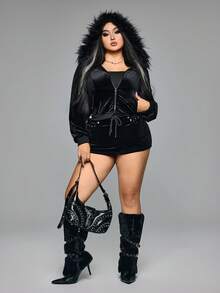 ROMWE Grunge Punk Y2K Harajuku Stil Samt Mini Bodycon Taille Geschnürter Kapuzen Crop Top & Rock 2-teiliges Set, Schwarz, Große Größen - Schwarz - Übersicht 7